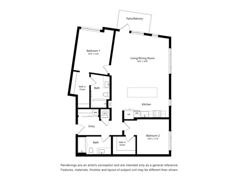 Floor plan for 2 beds, 2 baths, 1181 sqft